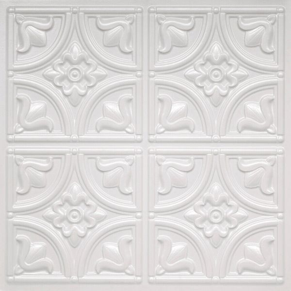 PVC Faux Tin Ceiling Tiles 24 x 24 2x2 Glue Up White Pearl D1148 Pack/6