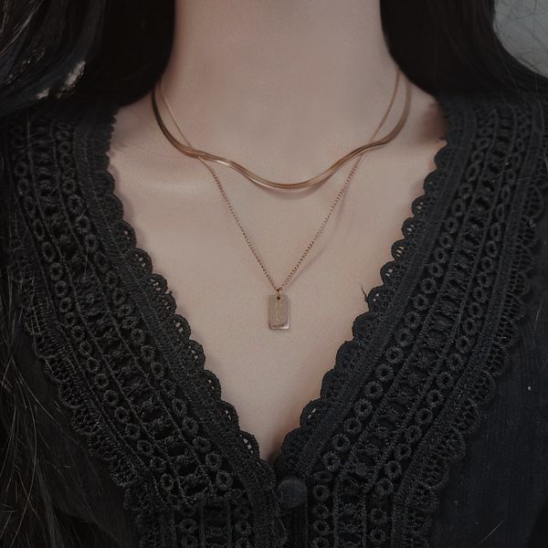 Surgical Rose Gold Square Layered Necklace / Surgical Steel Square Double Row Pendant Snake Chain Double Row Anti-Allergy BM1066N