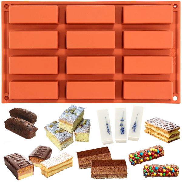 Funshowcase 12 Holes Chocolate Bar Rectangle Bar Silicone Mold Cake Mold for Biscuit Treats Platinum Silicone