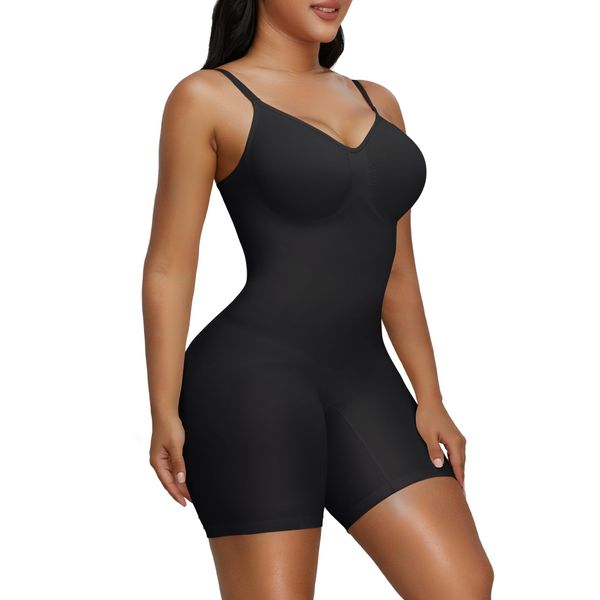 YIANNA Shapewear Damen Bauchweg Body Shaper Miederhose Formender Bodysuit Shaping Bein Miederbody Hose, UK-YA5218-Black-L/XL