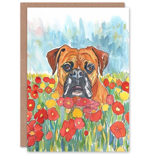 Dog Lover Pet Boxer in Flower Field Watercolour Birthday Card