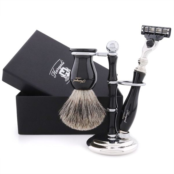 Haryali London Shaving Kit - 3 Pc Shaving Kit - 3 Edge Shaving Blade Shaving Razor - Super Badger Shaving Brush - Shaving Stand - Black Color Elegant Shaving Set as a Gift Set