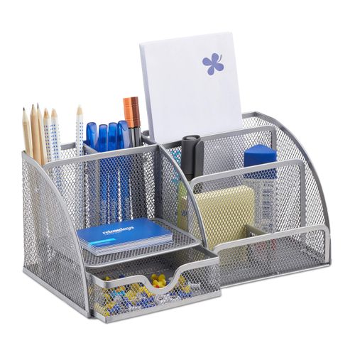 Relaxdays Desk Organizer, Metal, Silver, 18 x 25.5 x 10.5 cm