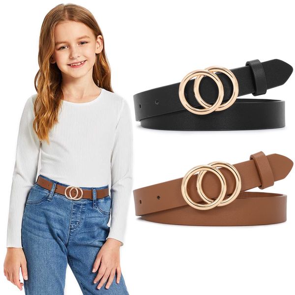 SUOSDEY 2 Pack Kids Leather Belts for Girls Solid Colors Skinny Belt for Teen Girls with Double O-Ring Buckles