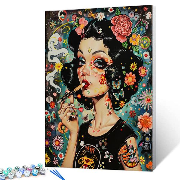 Graffitic Bad Girl Paint by Numbers Kits with Brushes and Acrylic Pigment on Canvas Smoking Woman Digital Painting for Adults,Trtopical Wildflowers Arts Crafts Home Decor Gifts 16''x20''(Framedless)