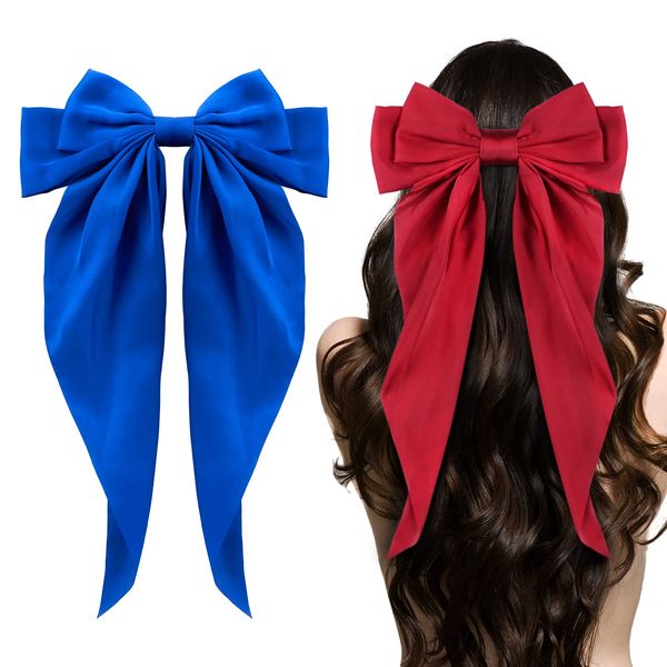 Big Bow Hair Clips 2pcs, Long Tail French hair Bows for Women Girl, Satin Silky Bow Hair Barrette, Green Royal Blue Bow Hair Dress Up Accessories for Birthday/Party/Show/Christmas