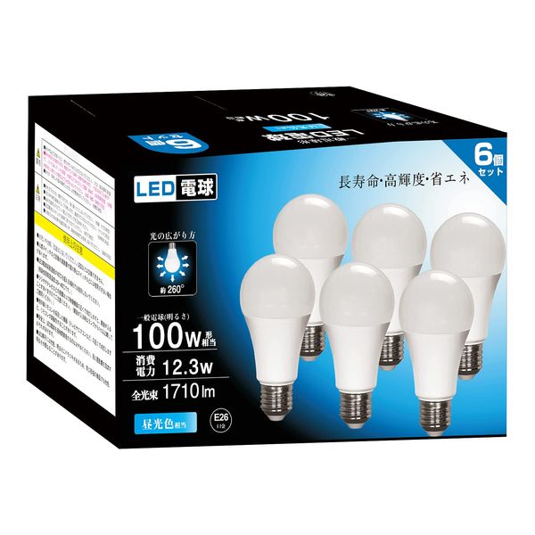 LED Light Bulb, Base Diameter 1.0 inches (26 mm), Equivalent to 100W Shape, Daylight White, 1710 Lumens, Wide Light Distribution, 6,000 K, Compatible with Enclosed Fixtures, High Brightness, Insulation, Energy Saving, PSE Certified, Daylight 6 Pieces