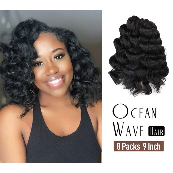 Ocean Wave Crochet Hair 9 Inch 8packs Natural Black Ocean Wave Crochet Braids Synthetic Hair Extensions ToyoTress (9 inch, 1B)