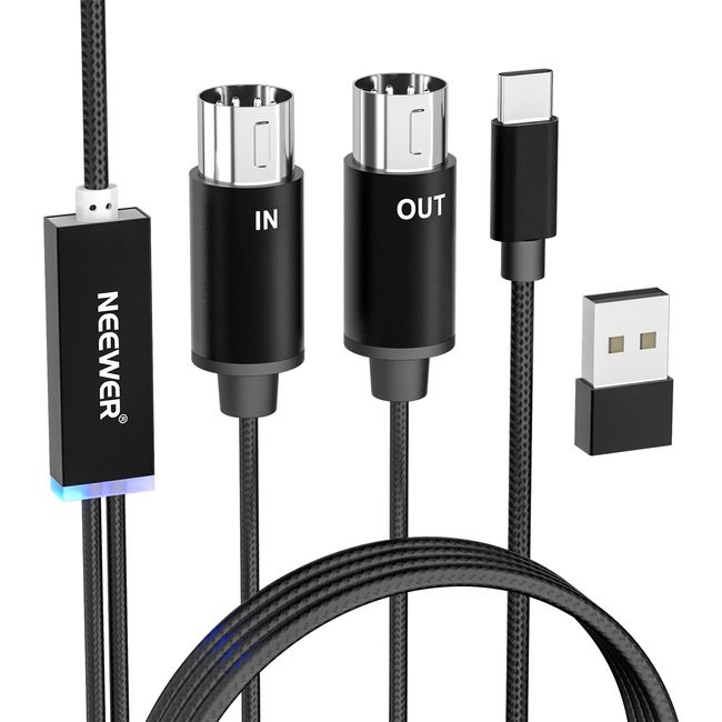 NEEWER USB Typ C MIDI Kabel mit EIN & Ausgang zum Anschluss von Keyboard/Synthesizer zum Bearbeiten und Aufnehmen von MIDI Adapterkabel mit Anzeige für Klaviertastatur an PC Mac Laptop 184cm Länge