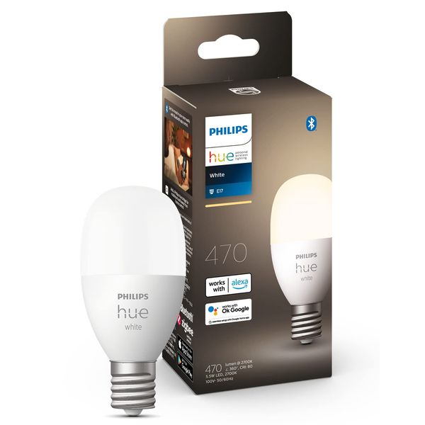 Philips Hue Smart Light Bulb E17 40W White 1 Pack - Philips Hue LED Light Smart Light Compatible with Alexa Lighting 470lm Bulb Color Dimmable, Smart Home, Indirect Lighting, Voice Control, App