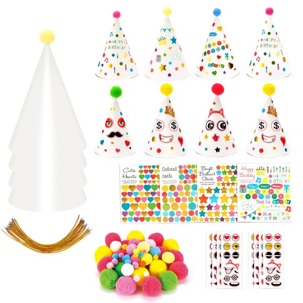 HANYMWANZW 24 Pack Party Hats with Stickers Pompoms to Make Your Own Birthday Hats, Blank White Paper Hats for Kids Arts & Crafts Party Favors