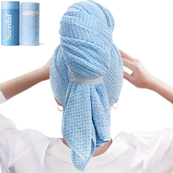 Sucedul Large Microfiber Hair Towel Wrap for Women, Super Absorbent Hair Drying Towel with Elastic Strap, Anti Frizz Fast Drying Hair Turbans for Long, Thick, Curly Hair, Soft Hair Wrap Towels Blue