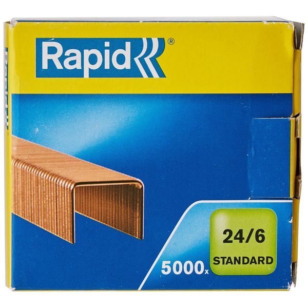 Rapid 24/6mm Standard Staples, For Stapling up to 20 Sheets, Use with Desktop and Electric Staplers, Copper Plated, Box of 5000, 24860000