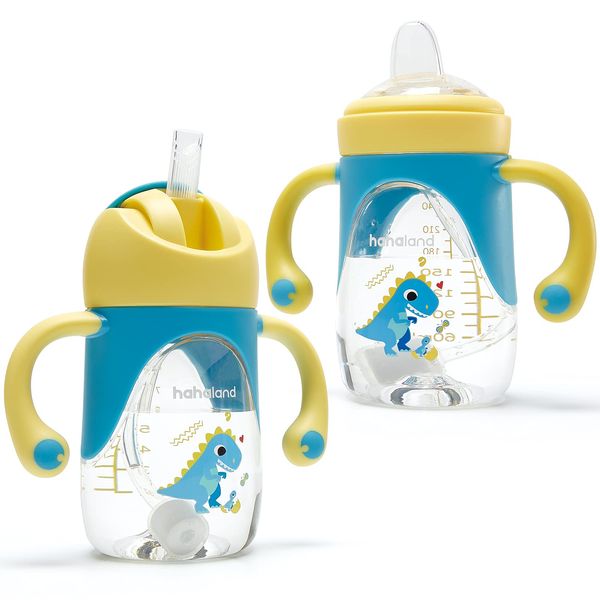 hahaland Sippy Cup for 6+ Month Old - 2 in 1 Spout & Straw Sippy Cups for Toddlers 1-3 No Spill Transition Weighted Straw Toddler Cups - 1 Cup with 2 Nipples