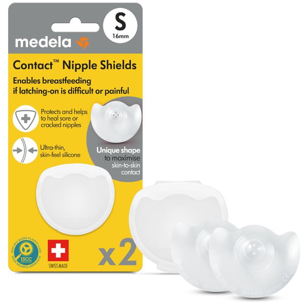 Medela Contact Nipple Shield for Breastfeeding, 24mm Medium Nippleshield, For Latch Difficulties or Flat or Inverted Nipples, 2 Count with Carrying Case, Made Without BPA (Packaging May Vary)