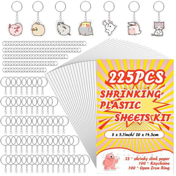 225PCS Shrinky Dink Kit,Shrinky Dink Sheets,Shrink Plastic Sheets Kit with 25PCS Shrinky Dink Paper,100PCS Keychains and Open Iron Ring for Kids Creative Craft Marking, Handprint Keychains