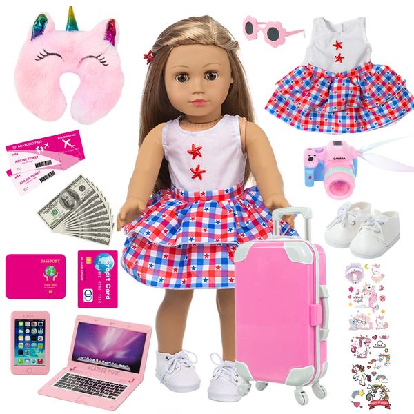 ZQDOLL American 18 inch Doll Clothes and Accessories - Doll Travel Suitcase Play Set Including Suitcase Doll Clothes, Shoes, Sunglasses, Camera, Unicorn Pillow, for 18 inch Doll(No Doll)