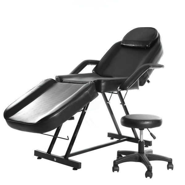 Massage Table PU Leather 3 Section Beauty Therapy Steel Frame Couch Salon Recliner Chair with Stool Tattoo Adjustable Facial SPA Pedicure Massaging Bed (Black)