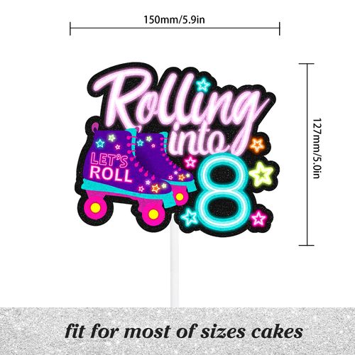 "Rolling into" cake topper roller skating theme 8th birthday happy roller skates decoration, boy and girl birthday party, club hip hop party, or disco party decoration, birthday gift for kids.LIANGSS