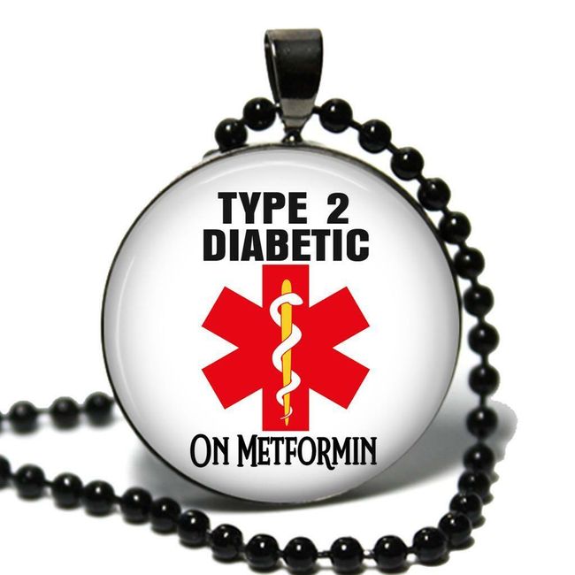 Diabetic Type 2 On Metformin Medical Alert Necklace Glass Top Pendant & Chain