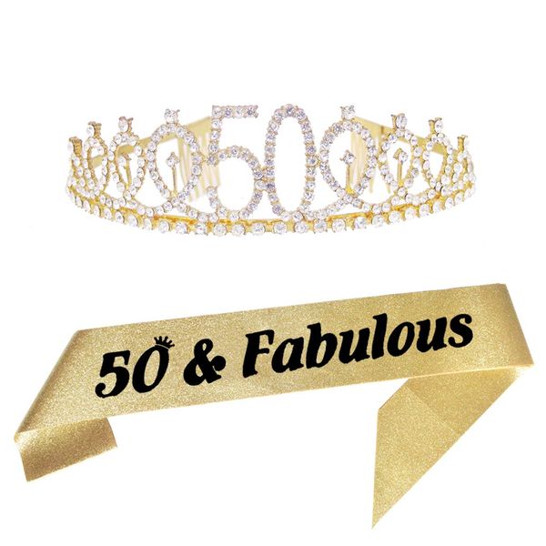 50th Gold Birthday Tiara and Sash Happy 50th Birthday Party Supplies 50th Gold Birthday Glitter Satin Sash and Crystal Tiara Princess Birthday Crown for Girls 50th Birthday Party Decorations