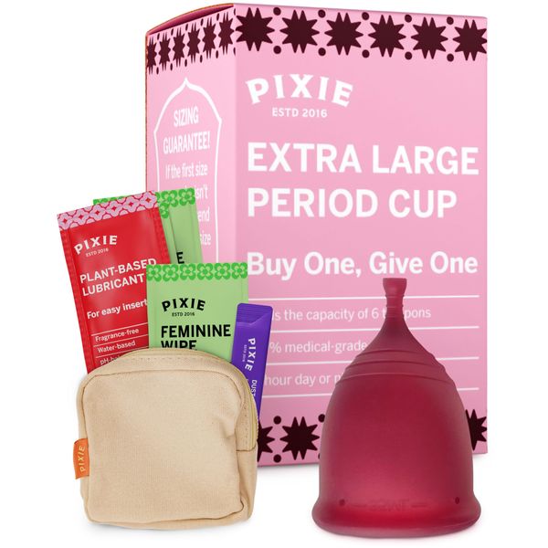 Pixie Menstrual Cup - No Metals or Toxins - Ranked 1 for The Most Soft Reusable Period Cup - Wear 12 Hours - 100% Medical-Grade Silicone - Tampon Alternative - Buy One We Give One (XL)
