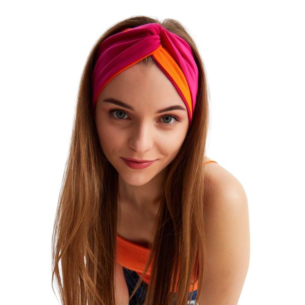 Headbands for Women Twist Knotted Women Head Bands Stretchy Sport Hair Bands Non Slip for Girls Criss Cross Turban Plain Headwrap Yoga Workout Running Hair Accessories (1,Orange&Fuschia Pink)