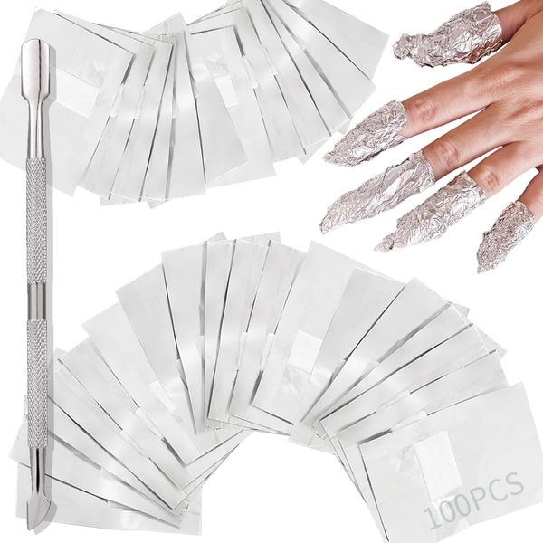 100 PCS Foil Nail Wraps - Nail Foils for Gel Nails Polish Remover Foil Wraps for Gel Removing with Cuticle Pusher, Fast & Gentle Soak Off Gel Polish Removing