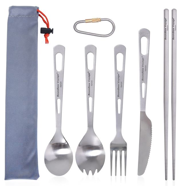 Boundless Voyage Camping Titanium Cutlery 3, 4, or 5 Piece Set, Fork, Spoon, Knife, Spork, Chopsticks