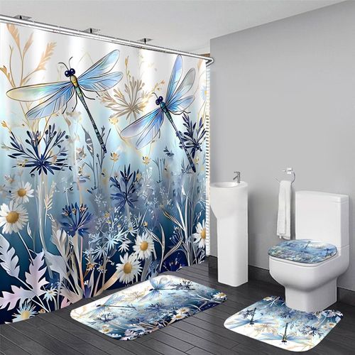 DDQQ Flower Dragonfly Pattern Shower Curtain Set with Rugs, Floral Plant Neutral Bathroom Decor Set Waterproof Bathtub with Carpet Bath Mat Toilet