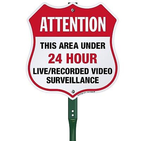 Vibrant 12" x 11.5" Attention Video Surveillance Sign with 3 ft Bend-Proof Stake