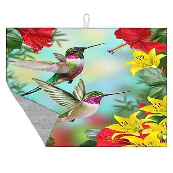 Dish Drying Mat for Kitchen Counter Hummingbirds and Hibiscus Dish Mat Microf...