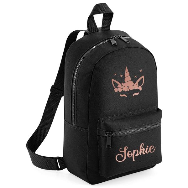Rose Gold Unicorn Head Personalised Girls Mini Backpack, Black