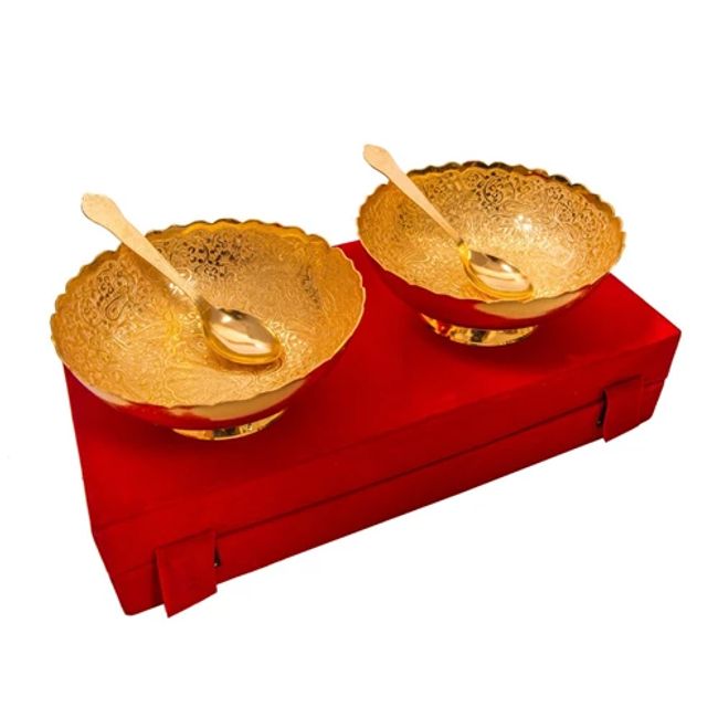 Gold Plated Brass Middle Peacock Carving Bowl Set 4 Pcs. Bowls 6" Diameter IND