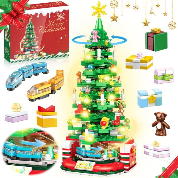 Zeluuyu Christmas Tree Building Block with LED Light, Rotating Christmas Tree 2024 Building Set for Adults, Christmas Tree Building Kit Xmas Gift for Boys and Girls