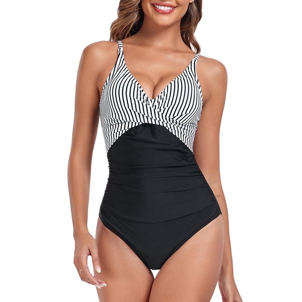 Derssity One Piece Swimsuit Twist Front Ruched Tummy Control Swimming Costume for Women Plus Size V Neck Swimwear Bathing Suit(TW,XL)