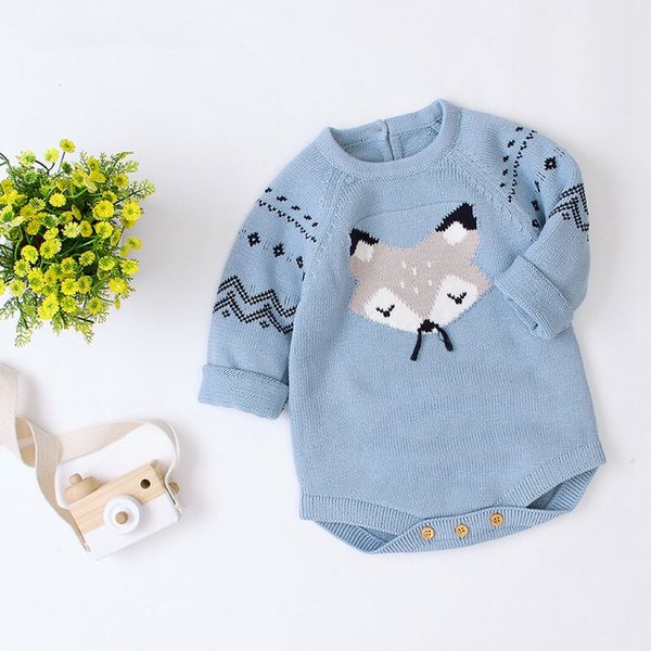 Baby Cartoon Fox Graphic Long Sleeves Triangle Knitted Romper Jumpsuit In Autumn - 80 (9-12M) / Blue