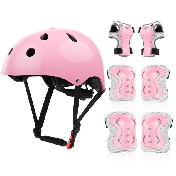 Knieschützer Kinder, Knieschoner Kinder mit Helm 3-10 Jahre- Schonerset Schutzausrüstung für Inliner Skates Scooter Fahrrad Rollschuh (Rosa)