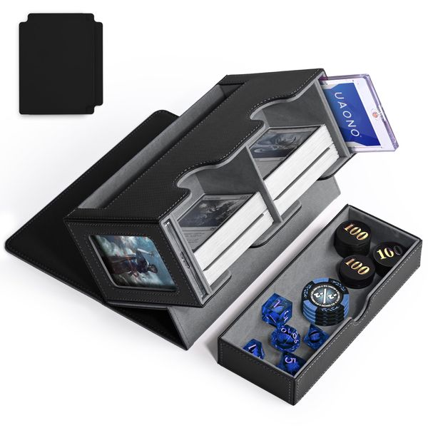 UAONO MTG Deck Box with 2 Commander Display and Dice Tray, Double Deck Box for 320+ Single Sleeved Cards, Leather Magnetic Card Storage Box Fits for TCG CCG Magic Cards (Black&Gray)