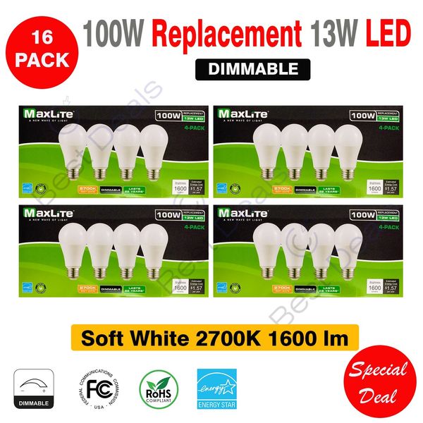 16-Maxlite 100W replacement 13W Light Bulb LED Soft White A19 2700K Dimmable E26