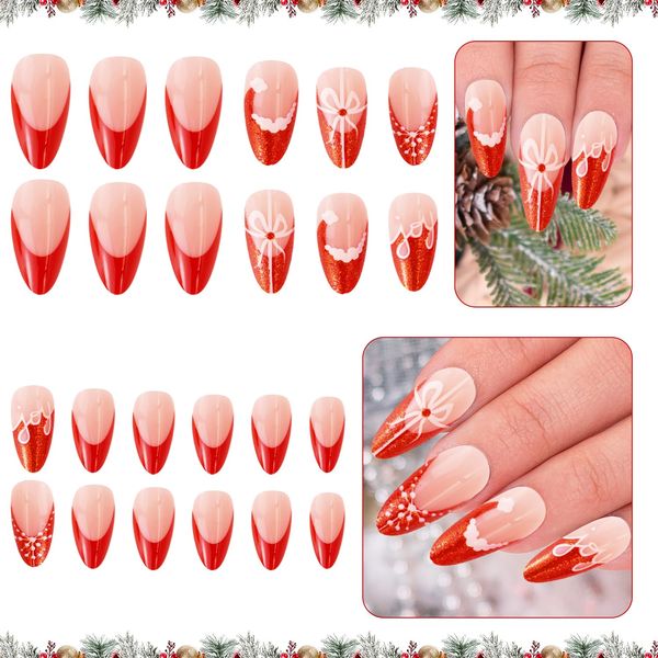 24PCS Christmas False Nails Medium Red French Press on Nails, Bow, Snowflake&Santa Hat Patterns Stick on Nails, Almond Removable Glue-on Fake Nails for Women Girls Xmas Nails Art Accessories Y11HSDMJ