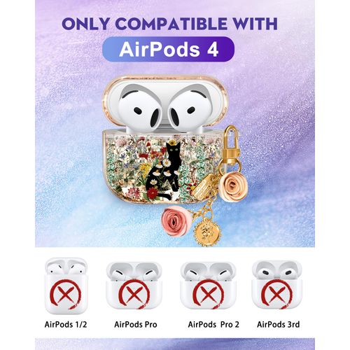 Coralogo for Apple for Airpods 4 Case - Women Girls Cute Girly Kawaii 4th Generation for Airpods Cases Cover Glitter Liquid Sparkle Cat Flower Hard Shell Keychain Funda Estuche Forro para Airpod 4 Gen