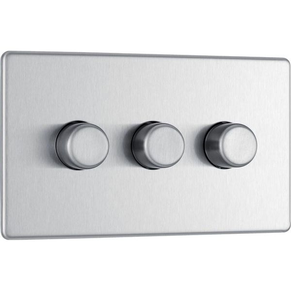 BG Electrical FBS83P-01 Screwless Flat Plate Triple Dimmer Intelligent Light Switch, Brushed Steel, 2-Way, 14.6 cm*4.4 cm*8.6 cm