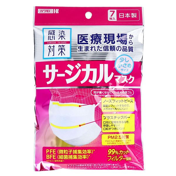 Kawamoto Sangyo Infection Countermeasure Surgical Mask, Slightly Smaller Size, Pack of 7