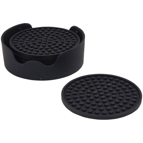 Aidapt Black Non Slip Heat Proof Coasters Mat Round 12x12 cm for Coffee, Tea, Beer, Mug, Cup, Glasses on Tables, Counters, Cabinets. Set of 4 in a Holder