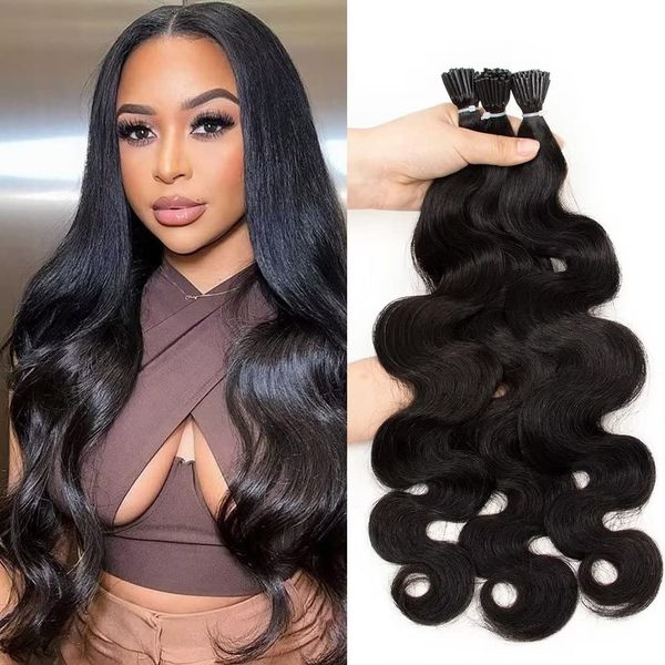 I Tip Human Hair Extensions Natural Black 1 Grams/Pcs 100 Strands/Package Pre Bonded Keratin Hair Extensions Fusion Remy Body Wave Hair Stick Tip Real Human Hair Extensions Natural Black 16 Inch