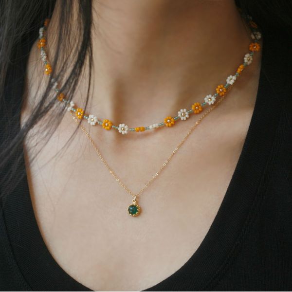 14K Gold Filled Green Onyx Natural Stone Round Pendant Necklace