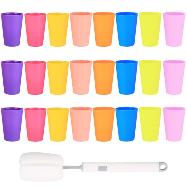 LJHOME 24 Pcs Reusable Plastic Cups, 260 ML Coloured Plastic Drinking Cups Tumblers Set, Durable Party Cups for Kitchen, Outdoor Parties, Picnics, BBQ’s, Travels, 8 Colors, with Cup Brush