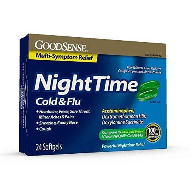 GoodSense Nighttime Cold & Flu Softgels, Relieves Aches and Pains Related to