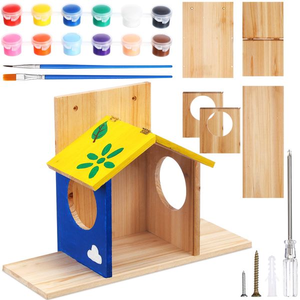 RattanView DIY Wood Squirrel Feeder Wooden Squirrel House Set for Outside Hanging Squirrel Feeder Art and Craft Painting Kits Includes Paints & Brushes Easy to Fill Build Paint Outdoor Craft